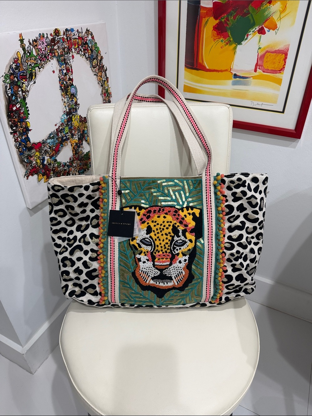 America & Beyond Cream/Gold/Black Sparkly Beaded Animal Print Tote Bag